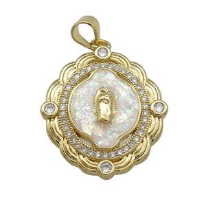 Virgin Mary Charms Copper Oval Pendant Pave White Fire Opal Zircon 18K Gold Plated, approx 21-22mm