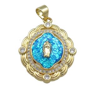 Virgin Mary Charms Copper Oval Pendant Pave Blue Fire Opal Zircon 18K Gold Plated, approx 21-22mm