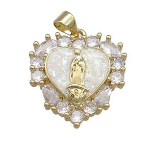 Virgin Mary Charms Copper Heart Pendant Pave White Fire Opal Zircon 18K Gold Plated, approx 20mm