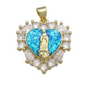 Virgin Mary Charms Copper Heart Pendant Pave Blue Fire Opal Zircon 18K Gold Plated, approx 20mm