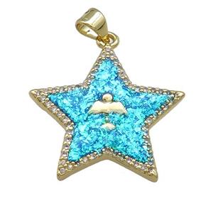 Copper Star Pendant Pave Blue Fire Opal Zircon Angel 18K Gold Plated, approx 24mm