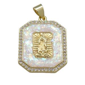 Jesus Charms Copper Rectangle Pendant Pave White Fire Opal Zircon 18K Gold Plated, approx 18-20mm