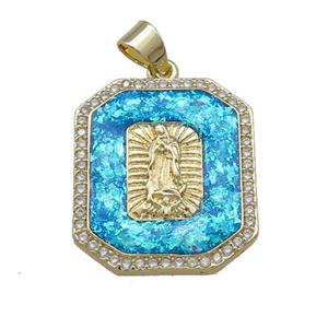 Jesus Charms Copper Rectangle Pendant Pave Blue Fire Opal Zircon 18K Gold Plated, approx 18-20mm