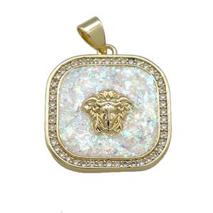 Copper Square Pendant Pave White Fire Opal Zircon 18K Gold Plated, approx 20mm