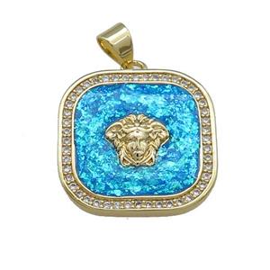 Copper Square Pendant Pave Blue Fire Opal Zircon 18K Gold Plated, approx 20mm