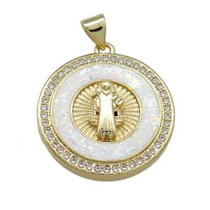Jesus Charms Copper Circle Pendant Pave White Fire Opal Zircon 18K Gold Plated, approx 22mm