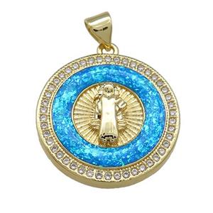 Jesus Charms Copper Circle Pendant Pave Blue Fire Opal Zircon 18K Gold Plated, approx 22mm