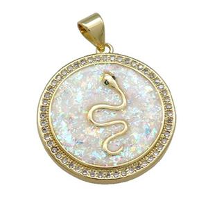 Snake Charms Copper Circle Pendant Pave White Fire Opal Zircon 18K Gold Plated, approx 22mm