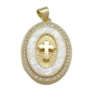 Copper Oval Pendant Pave White Fire Opal Zircon Cross Medal Charms 18K Gold Plated, approx 18-25mm