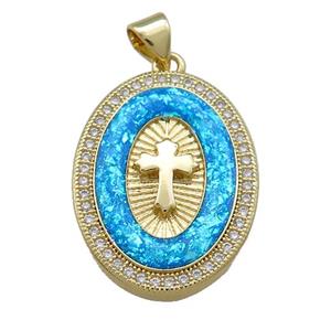 Copper Oval Pendant Pave Blue Fire Opal Zircon Cross Medal Charms 18K Gold Plated, approx 18-25mm