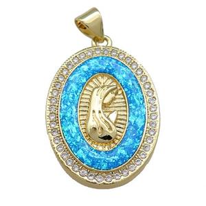 Copper Oval Pendant Pave White Fire Opal Zircon Virgin Mary Medal Prayer Charms 18K Gold Plated, approx 18-25mm