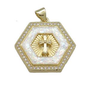 Copper Hexagon Pendant Pave White Fire Opal Zircon Cross 18K Gold Plated, approx 20mm