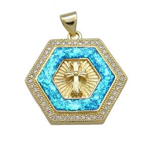 Copper Hexagon Pendant Pave Blue Fire Opal Zircon Cross 18K Gold Plated, approx 20mm