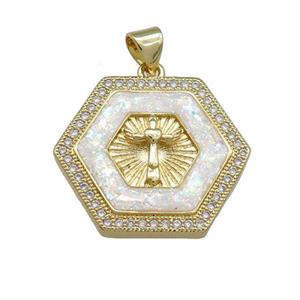 Copper Hexagon Pendant Pave White Fire Opal Zircon Cross Prayer 18K Gold Plated, approx 20mm