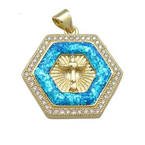 Copper Hexagon Pendant Pave Blue Fire Opal Zircon Cross Prayer 18K Gold Plated, approx 20mm