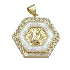 Copper Hexagon Pendant Pave White Fire Opal Zircon Virgin Mary Prayer 18K Gold Plated, approx 20mm
