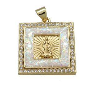 Copper Square Pendant Pave White Fire Opal Zircon Virgin Mary 18K Gold Plated, approx 22mm