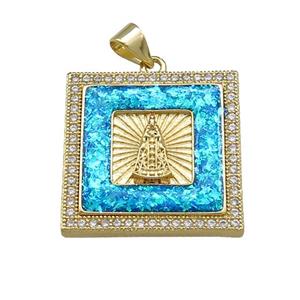Copper Square Pendant Pave Blue Fire Opal Zircon Virgin Mary 18K Gold Plated, approx 22mm