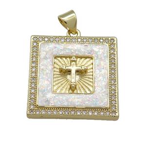 Copper Square Pendant Pave White Fire Opal Zircon Cross 18K Gold Plated, approx 22mm