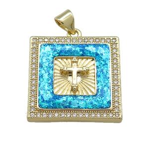 Copper Square Pendant Pave Blue Fire Opal Zircon Cross 18K Gold Plated, approx 22mm