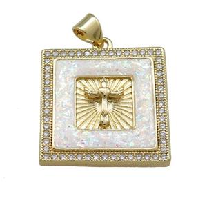 Copper Square Pendant Pave White Fire Opal Zircon Cross 18K Gold Plated, approx 22mm