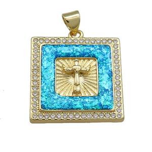 Copper Square Pendant Pave Blue Fire Opal Zircon Cross 18K Gold Plated, approx 22mm