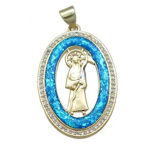 Saint Jude Charms Copper Oval Pendant Pave Blue Fire Opal Zircon 18K Gold Plated, approx 20-30mm