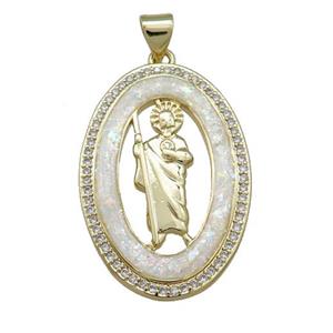 Saint Jude Charms Copper Oval Pendant Pave White Fire Opal Zircon 18K Gold Plated, approx 20-30mm