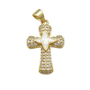 Copper Cross Pendant Pave White Fire Opal Zircon 18K Gold Plated, approx 15-20mm