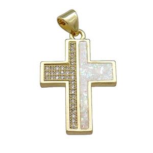 Copper Cross Pendant Pave White Fire Opal Zircon 18K Gold Plated, approx 17-22mm