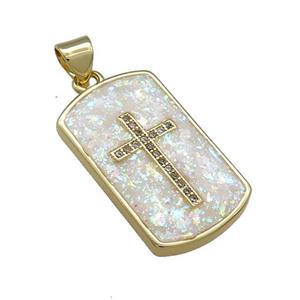 Copper Rectangle Pendant Pave White Fire Opal Zircon Cross 18K Gold Plated, approx 14-23mm