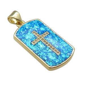 Copper Rectangle Pendant Pave Blue Fire Opal Zircon Cross 18K Gold Plated, approx 14-23mm