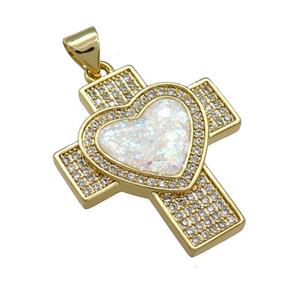 Copper Cross Pendant Pave White Fire Opal Zircon Heart 18K Gold Plated, approx 21-24mm