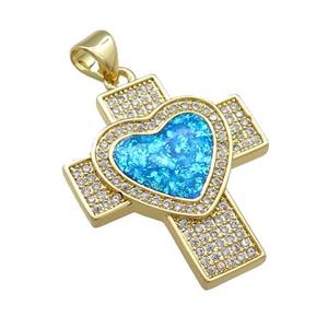 Copper Cross Pendant Pave Blue Fire Opal Zircon Heart 18K Gold Plated, approx 21-24mm