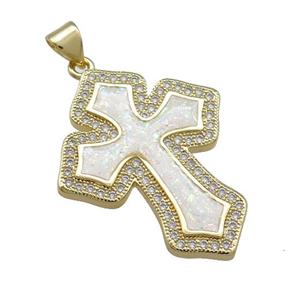 Copper Cross Pendant Pave White Fire Opal Zircon 18K Gold Plated, approx 25-30mm