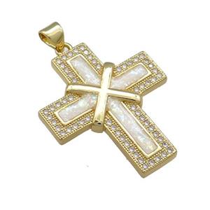Copper Cross Pendant Pave White Fire Opal Zircon 18K Gold Plated, approx 25-30mm