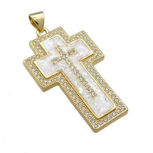 Copper Cross Pendant Pave White Fire Opal Zircon 18K Gold Plated, approx 20-32mm