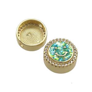 Copper Button Beads Pave Green Fire Opal Happyface 18K Gold Plated, approx 12mm