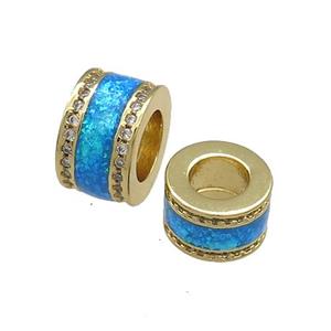 Copper Tube Beads Pave White Blue Opal Large Hole 18K Gold Plated, approx 8x13mm, 7mm hole
