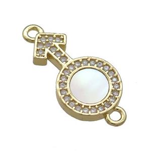 Male Gender Sign Charms Copper Connector Pave Shell Zircon 18K Gold Plated, approx 11-20mm