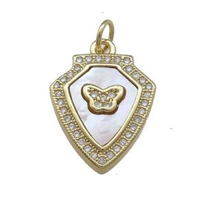 Copper Shield Butterfly Pendant Pave Shell Zircon 18K Gold Plated, approx 15-18mm