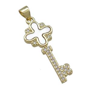 Copper Key Charms Pendant Pave Shell Zircon 18K Gold Plated, approx 11-27mm