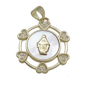 Copper Circle Pendant Pave Shell Zircon Heart Virgin Mary 18K Gold Plated, approx 20mm