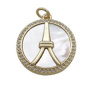 Copper Circle Pendant Pave Shell Zircon Eiffel Tower 18K Gold Plated, approx 19mm