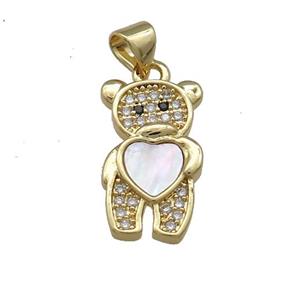 Copper Bear Charms Pendant Pave Shell Heart Zircon 18K Gold Plated, approx 11-18mm