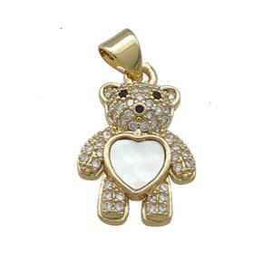 Copper Bear Pendant Pave Shell Heart Zircon 18K Gold Plated, approx 13-18mm