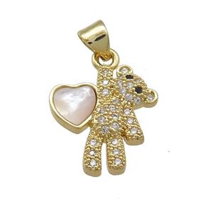 Copper Bear Pendant Pave Shell Heart Zircon 18K Gold Plated, approx 16-18mm