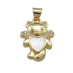 Copper Bear Pendant Pave Shell Heart Zircon 18K Gold Plated, approx 14-18mm