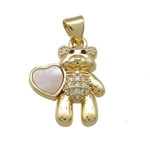 Copper Bear Pendant Pave Shell Heart Zircon 18K Gold Plated, approx 15-18mm