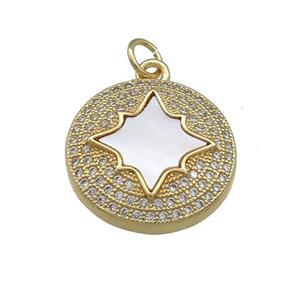 Copper Circle Pendant Pave Shell Zircon Star 18K Gold Plated, approx 18mm